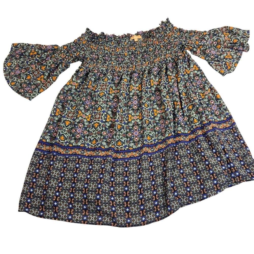 Takara Womens Smocked Off Shoulder Medallion Print Mini Dress Green Orange S